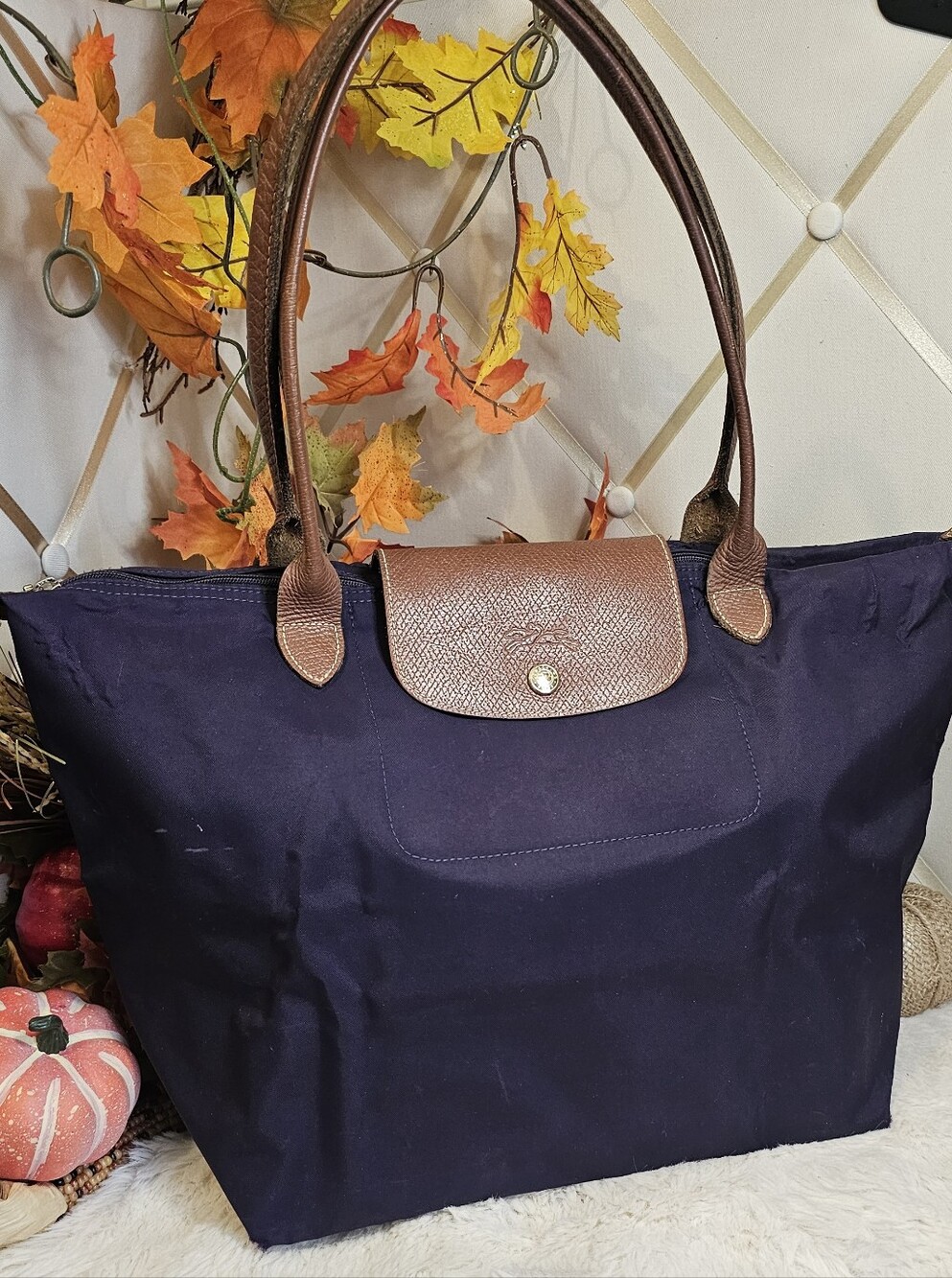 Longchamp Purple Tote with Brown Leather Handles and Flap